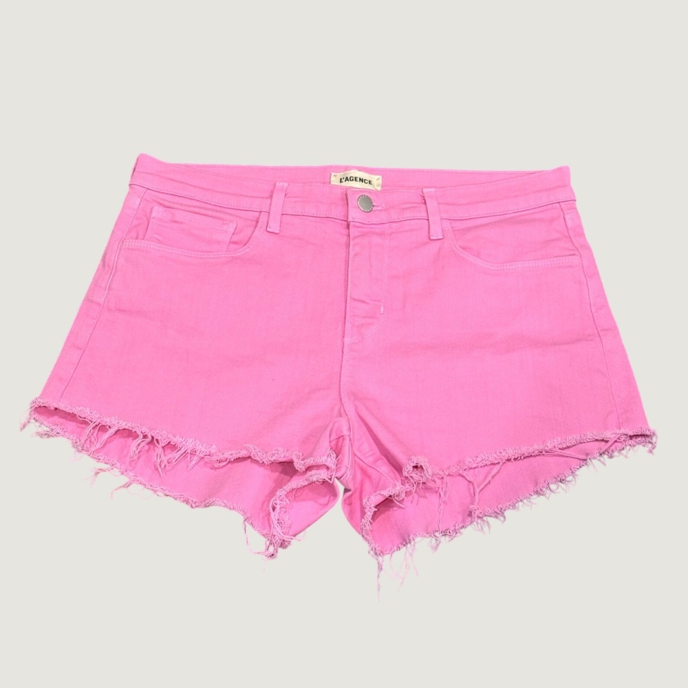 L'AGENCE Audrey Mid Rise Denim Shorts Rose Bloom Pink Raw Hem Size 29